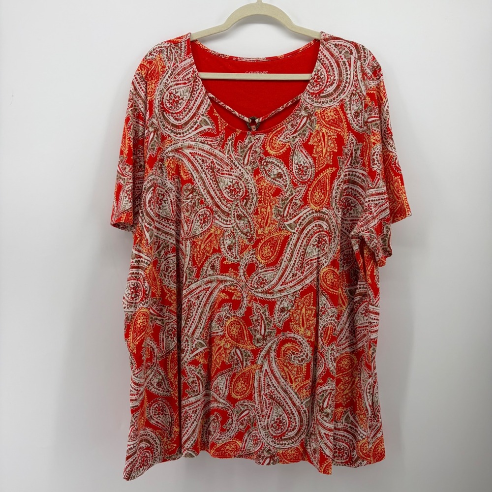 Catherines Womens 2X Orange Paisley Short Sleeve Scoop Neck Ring Detail Top